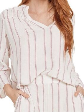 Splendid Linen Blend Striped Blouse Medium Red Stripe V Neck Relaxed Fit Top